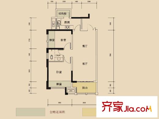 長沙奧林匹克花園貢院ⅢB戶型 2室2廳1衛(wèi)1廚