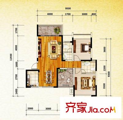 新里程瀟湘名城1棟0306戶型  2室2廳2衛(wèi)1廚