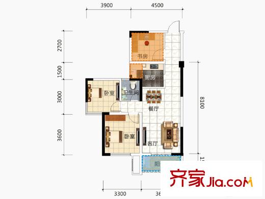 草莓街區(qū)二期B戶型 2室2廳1衛(wèi)1廚