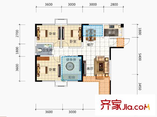 草莓街區(qū)二期A1戶型 3室2廳1衛(wèi)1廚