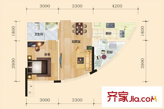中欣楚天雅郡1號(hào)棟1-C戶型 1室2廳1衛(wèi)1廚