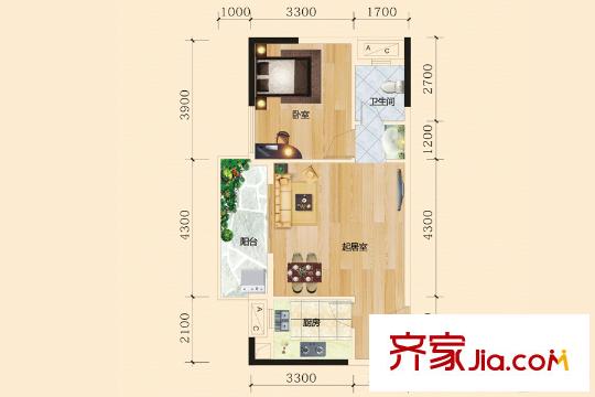 中欣楚天雅郡1號(hào)棟1-D戶型 1室2廳1衛(wèi)1廚