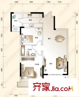 新城新世界A2戶(hù)型  2室2廳1衛(wèi)1廚