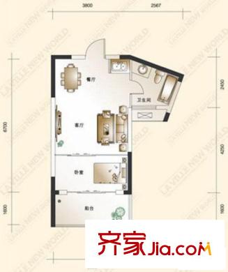 新城新世界B1戶(hù)型  1室1廳1衛(wèi)1廚