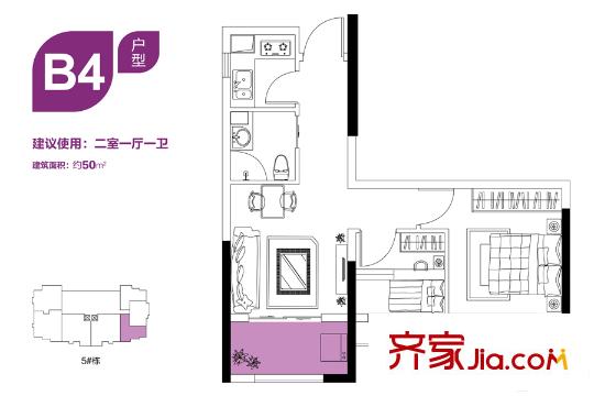 廣電疊彩蘭亭5棟B4戶型 2室1廳1衛(wèi)1廚