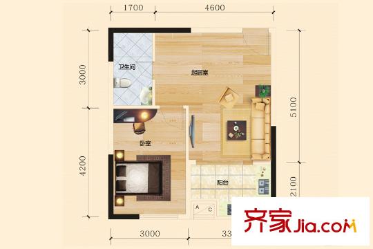 中欣楚天雅郡1號(hào)棟1-A戶型 1室1廳1衛(wèi)