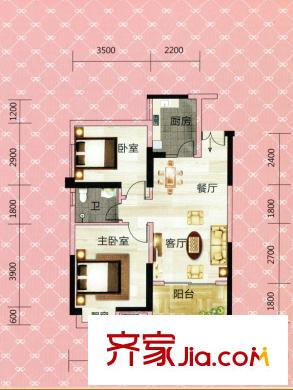 中欣楚天雅郡2-3戶型 2室2廳1衛(wèi)1廚