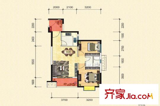 中欣楚天雅郡5-3戶型 2室2廳2衛(wèi)1廚