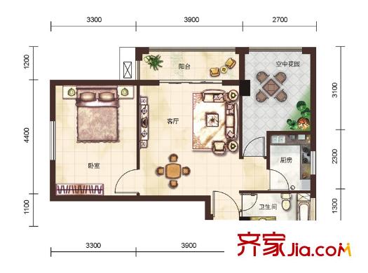 財富廣場戶型圖A戶型 1室2廳1衛(wèi)