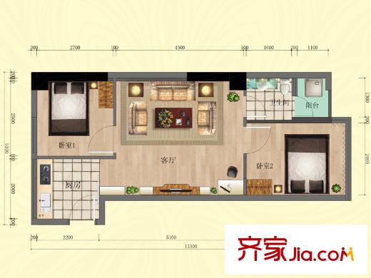 90公館1號(hào)棟A01戶型圖 2室1廳1衛(wèi)1廚