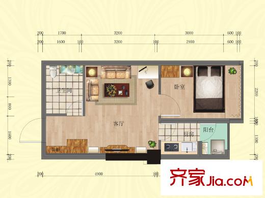 90公館1號(hào)棟B01戶型圖 1室1廳1衛(wèi)1廚