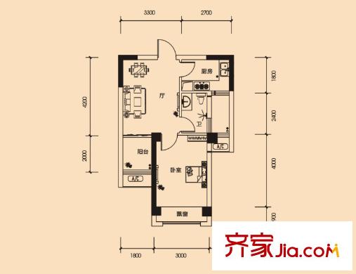 百納廣場3C-A戶型 1室1廳1衛(wèi)1廚