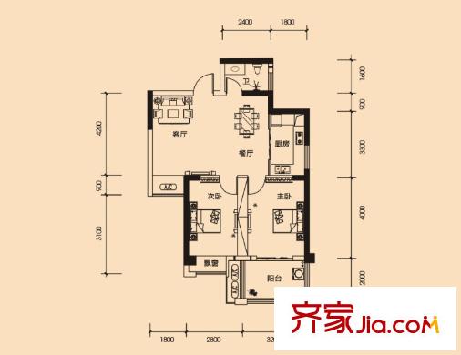 百納廣場3C-C戶型 2室2廳1衛(wèi)1廚