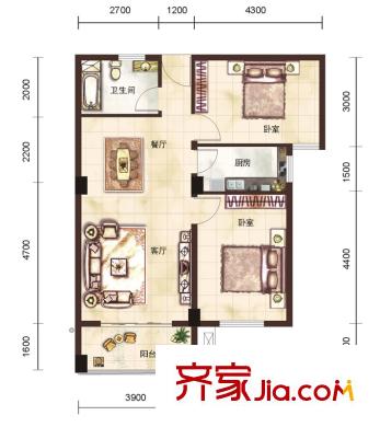 財富廣場戶型圖C戶型 2室2廳1衛(wèi)