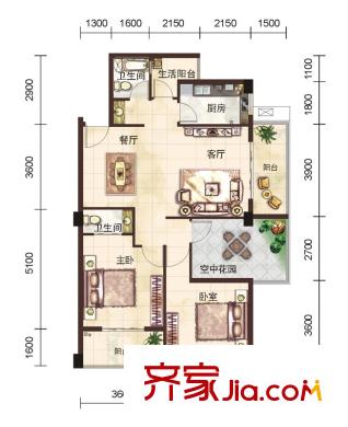 財富廣場戶型圖B1戶型 2室2廳2衛(wèi)