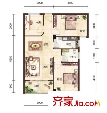 財富廣場戶型圖F1戶型 2室2廳1衛(wèi)