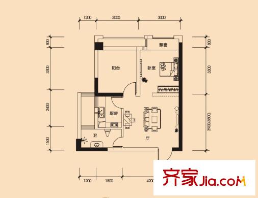 百納廣場2棟3棟ABC-B戶型 1室1廳1衛(wèi)1廚