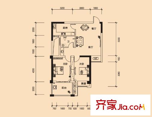 百納廣場2棟F 3棟A 3棟C-F戶型 2室2廳1衛(wèi)1廚