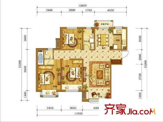 長(zhǎng)沙市長(zhǎng)堪設(shè)計(jì)院戶型圖3室1廳2衛(wèi)1廚 戶型圖 