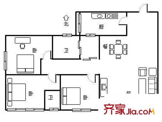 天辰楓丹白露戶型圖3室2廳 戶型圖 3室2廳1衛(wèi)1廚