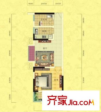 云鼎公館二期戶型圖3號戶型  1室1廳1衛(wèi)1廚