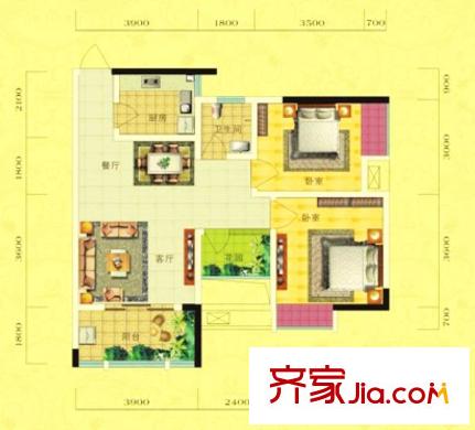 云鼎公館二期戶型圖4號戶型 2室2廳1衛(wèi)1廚