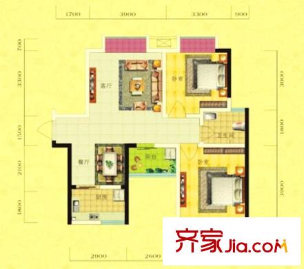 云鼎公館二期戶型圖2號戶型 2室2廳1衛(wèi)1廚