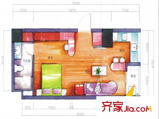 東岸城邦戶型圖公寓式酒店棟G2戶型 1室1廳1衛(wèi)