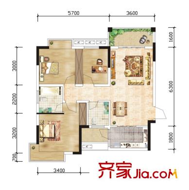 佳天名苑戶型圖（售完）4棟01號(hào)房 3室2廳2衛(wèi)