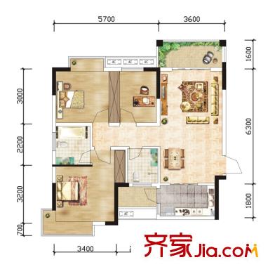 佳天名苑戶型圖（售完）4棟01號(hào)房 3室2廳2衛(wèi)