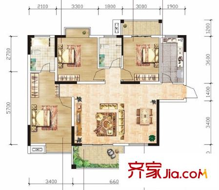 佳天名苑戶型圖溫馨小三房 3室2廳1衛(wèi)1廚