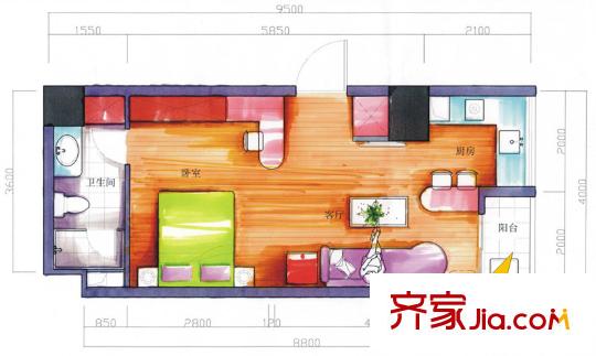 東岸城邦戶型圖公寓式酒店棟27層朝南G2戶型 1室1廳1衛(wèi)