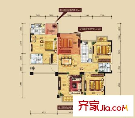 瑞都華庭戶型圖7號(hào)棟優(yōu)客經(jīng)典C2、C3戶型 2室2廳1衛(wèi)