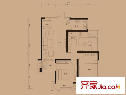 綠地中央廣場戶型圖D2戶型 3室2廳1衛(wèi)1廚