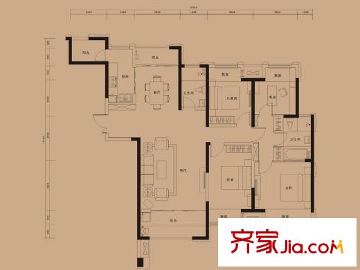 綠地中央廣場戶型圖D3戶型 4室2廳2衛(wèi)1廚