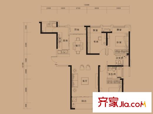 綠地中央廣場戶型圖B1戶型 3室2廳2衛(wèi)1廚