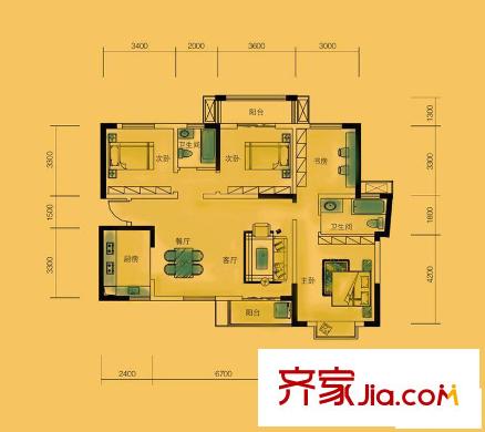 童話里二期戶型圖1B2戶型 4室2廳2衛(wèi)1廚