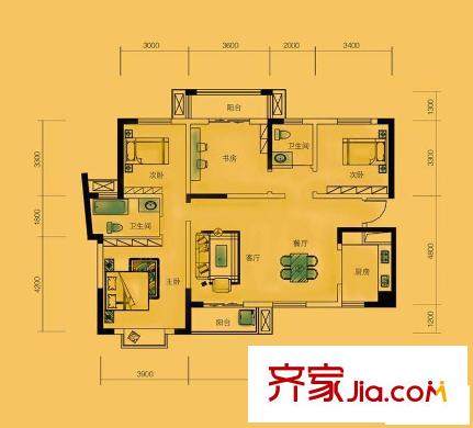 童話里二期戶型圖1B1戶型 4室2廳2衛(wèi)1廚