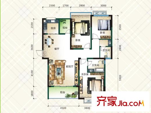 格瀾郡C1戶型 3室2廳2衛(wèi)