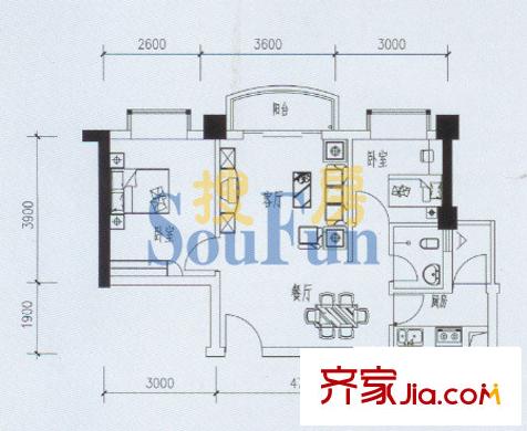 芙蓉公館戶型圖J戶型 2室2廳1衛(wèi)1廚