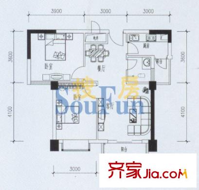 芙蓉公館戶型圖F戶型 2室2廳1衛(wèi)1廚