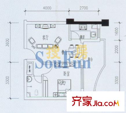 芙蓉公館戶型圖C戶型 1室2廳1衛(wèi)1廚
