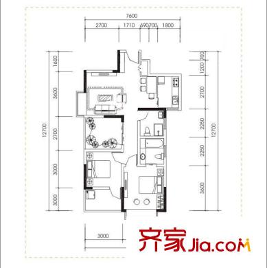 童話里二期戶型圖3C-2戶型 2室2廳2衛(wèi)