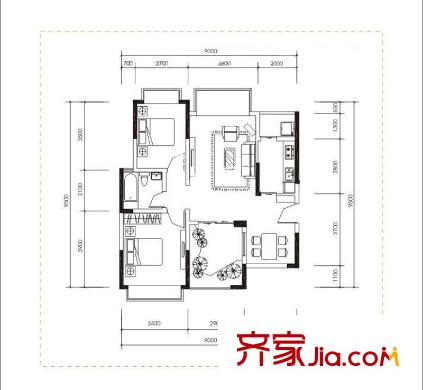 童話里二期戶型圖3C-1戶型 2室2廳1衛(wèi)