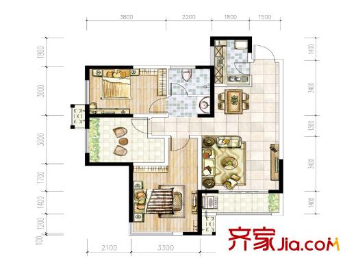 江河東瀾灣A1戶型 2室2廳1衛(wèi)1廚