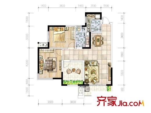 江河東瀾灣B3戶型 2室2廳1衛(wèi)1廚