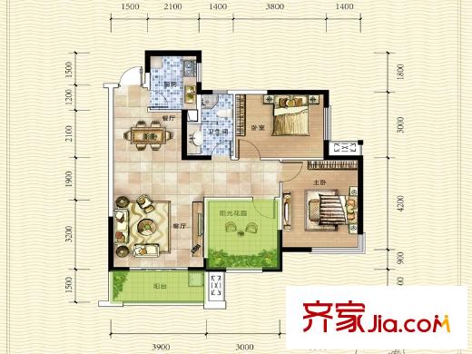 江河東瀾灣B2戶型 3室2廳1衛(wèi)1廚