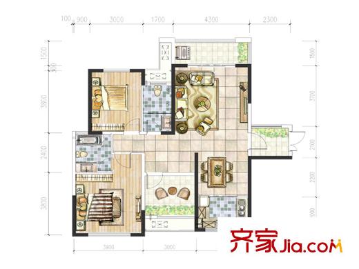 江河東瀾灣D3a戶型 2室2廳2衛(wèi)1廚