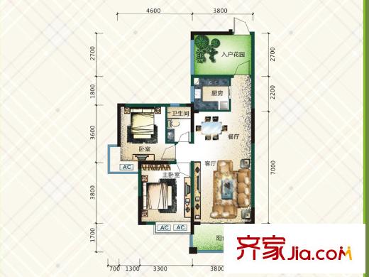 格瀾郡A2戶型  2室2廳1衛(wèi)