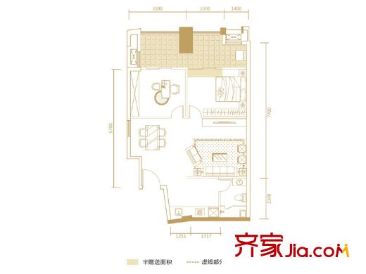博雅例外1棟F戶型圖 1室2廳1衛(wèi)1廚